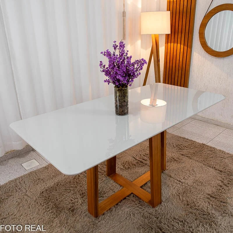Mesa de Jantar Pedro 160×80 Mel Vidro Off + 6 Cad. Genova Veludo Preto 504 Madeira Art Assento – Entregue Montada
