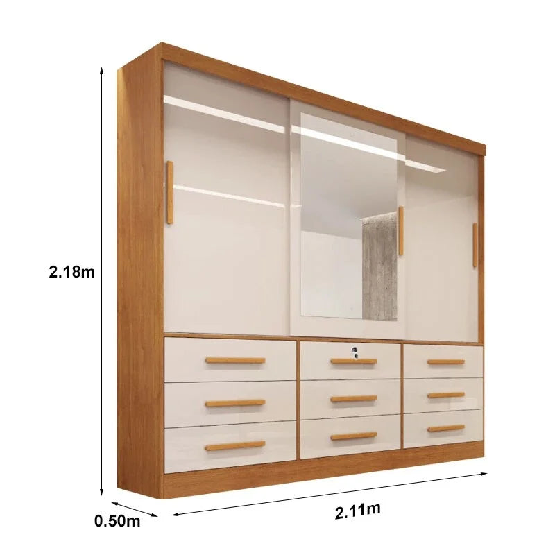 Guarda-roupa Casal Turim Nature/Off 3 Portas 9 Gavetas C/ 1 Espelho 100% MDF Larg. 2.11 – Bianchi