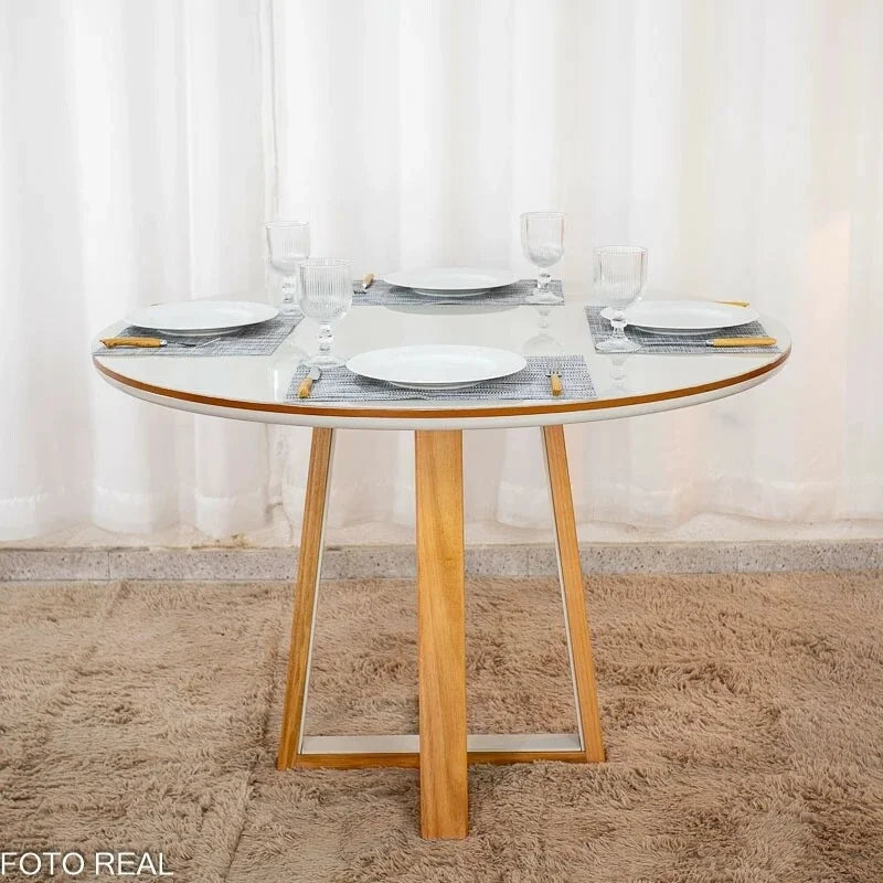 Mesa de Jantar Atlanta Redonda 120cm Vidro Off/Base Madeira – Minas Plac + 4 Cad. Isabela Linho Bege 01 Madeira KM Decor – Entregue Montada