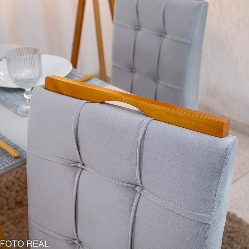 Mesa de Jantar Bali 120×80 Vidro Off/Base Madeira + 4 Cad. Londres Veludo Prata Madeira Minas Plac – Entregue Montada