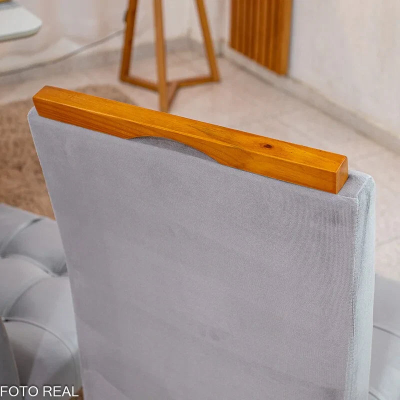 Mesa de Jantar Bali 90×90 Vidro Off/Base Madeira + 4 Cad. Londres Veludo Prata Madeira Minas Plac – Entregue Montada