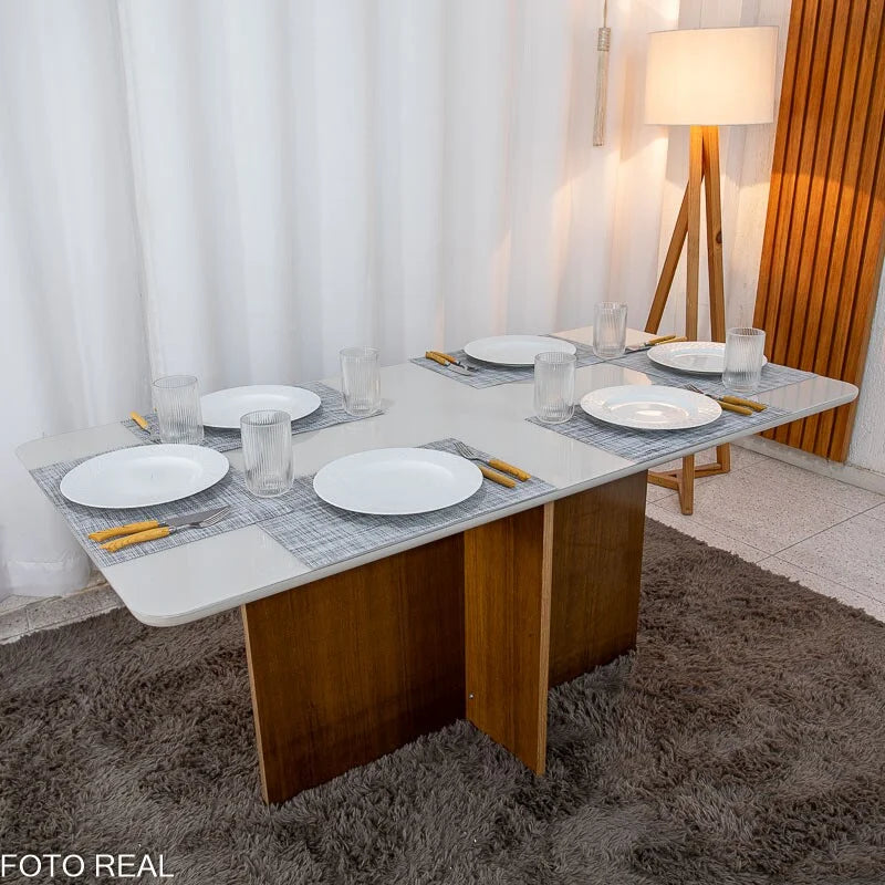 Mesa de Jantar Moscou 160×80 Vidro Off/Base Cinamomo + 6 Cad. Londres Veludo Prata Madeira Minas Plac – Entregue Montada