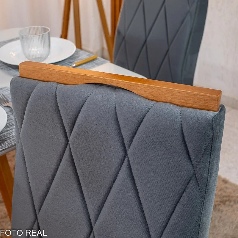 Mesa de Jantar Pedro 120×80 Vidro Off/Base Madeira + 4 Cad. Lisboa Veludo Cinza 507 Madeira Art Assento – Entregue Montada