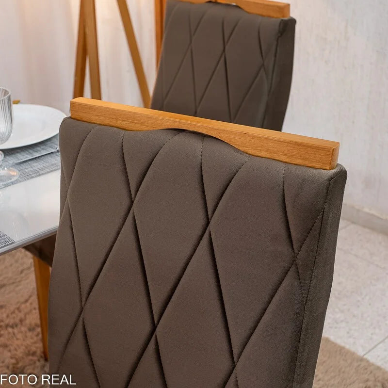 Mesa de Jantar Pedro 120×80 Vidro Off/Base Madeira + 4 Cad. Lisboa Veludo Marrom 509 Madeira Art Assento – Entregue Montada