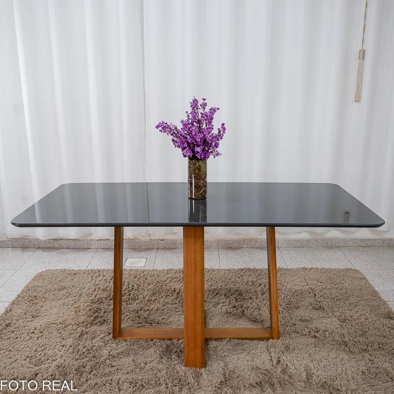 Mesa de Jantar Pedro 160×80 Vidro Grafite/Base Madeira + 6 Cad. Lisboa Veludo Cinza 507 Madeira Art Assento – Entregue Montada