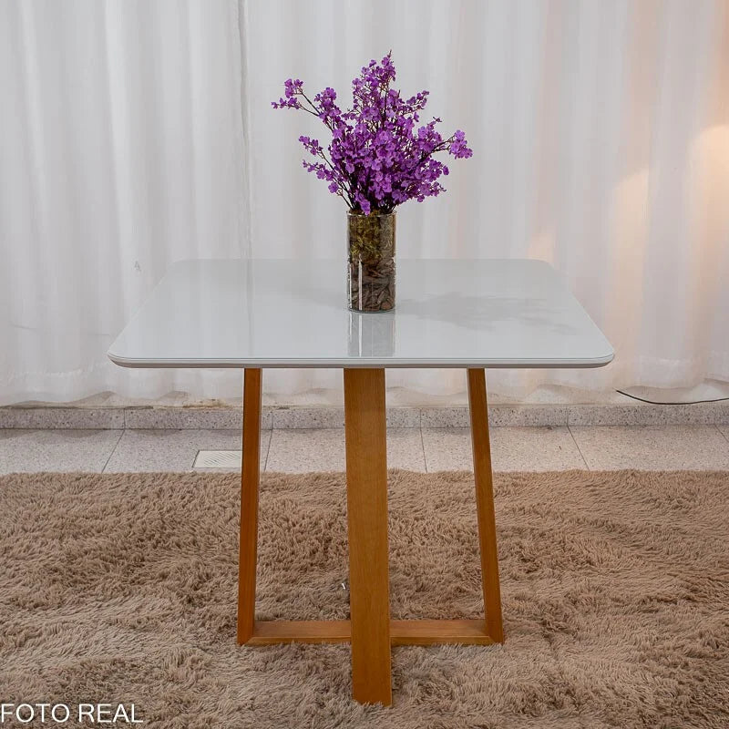 Mesa de Jantar Pedro 90×90 Vidro Off/Base Madeira + 4 Cad. Lisboa Veludo Bege 512 Madeira Art Assento – Entregue Montada