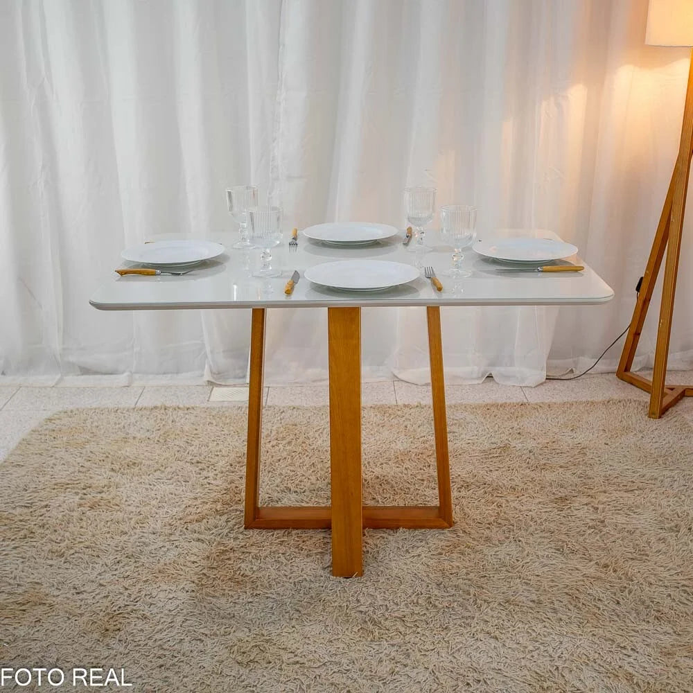 Mesa de Jantar Pedro 120×80 Vidro Off/Base Madeira + 4 Cad. Genova Veludo Preto 504 Madeira Art Assento – Entregue Montada