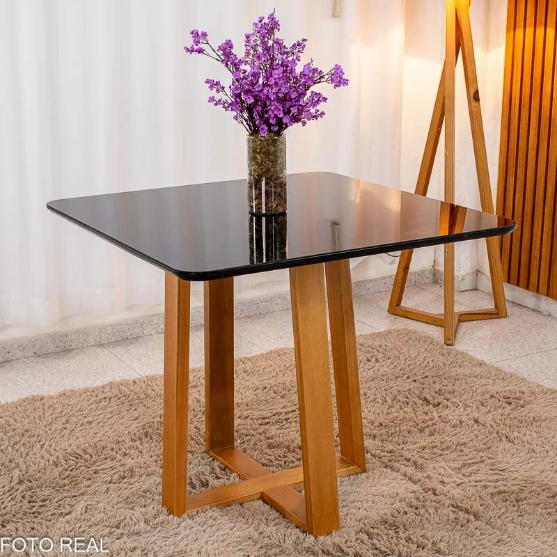 Mesa Pedro 90×90 Vidro Preto/Base Madeira Art Assento – Entregue Montada