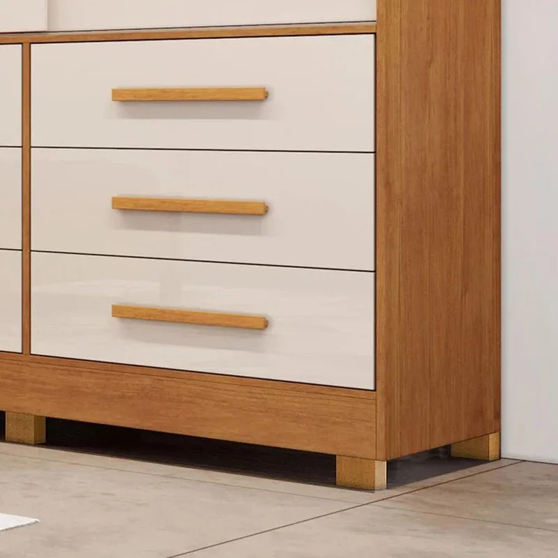 Guarda-roupa Casal Athenas Nature/Off 3 Portas 9 Gavetas C/ Espelho e Pés 100% MDF Larg. 1.80m – Bianchi