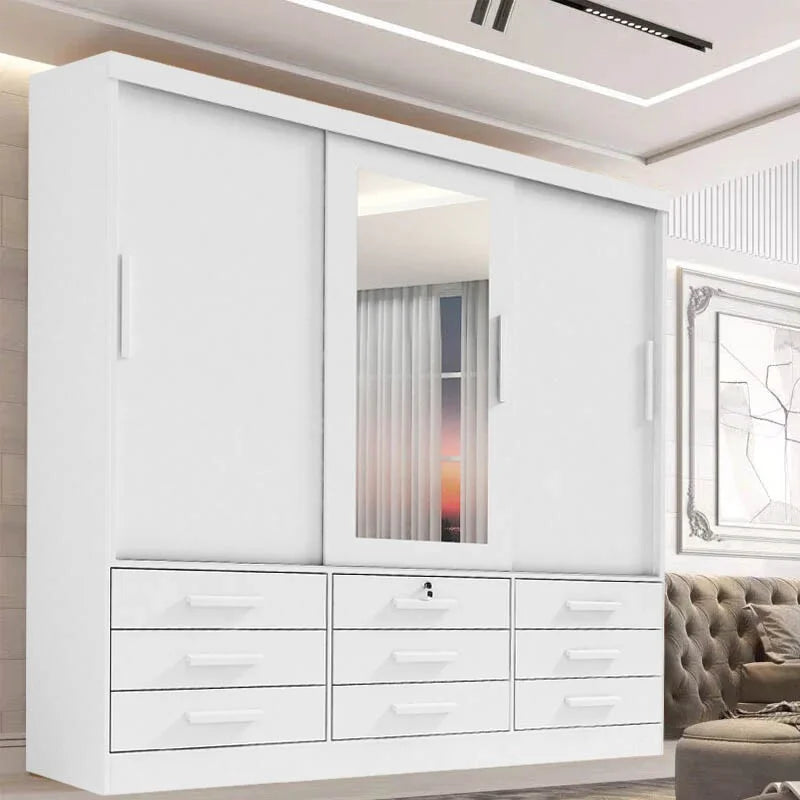 Guarda-roupa Casal Meridian Plus Branco 3 Portas 9 Gavetas C/ 1 Espelho Larg. 2.00m – D Doro