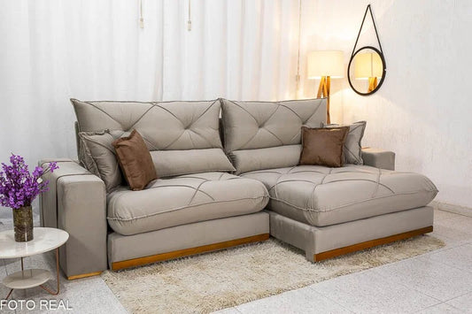 Sofá Retrátil Reclinável Gran Bello 2.90m Veludo Capuccino 02 – Molas Ensacadas