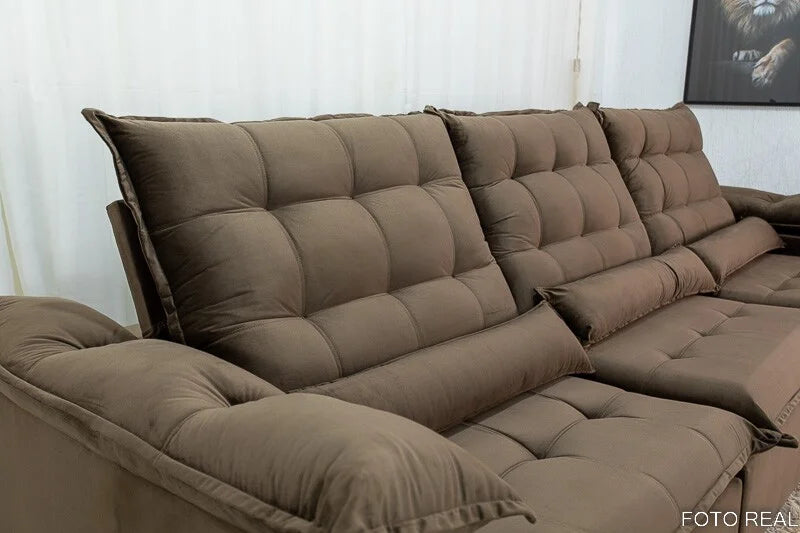 Sofá Retrátil Reclinável Emanuelly 3.20m Veludo Marrom 19 – D28 Soft
