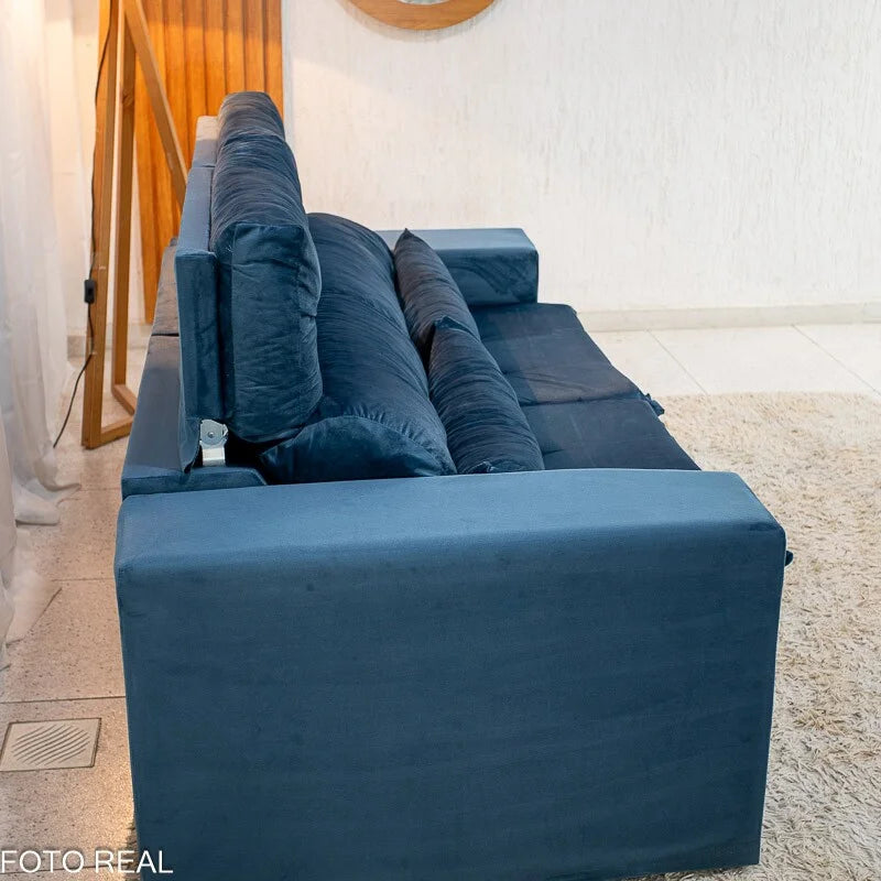 Sofá Retrátil Reclinável Bia 1.95m Veludo Azul – D28