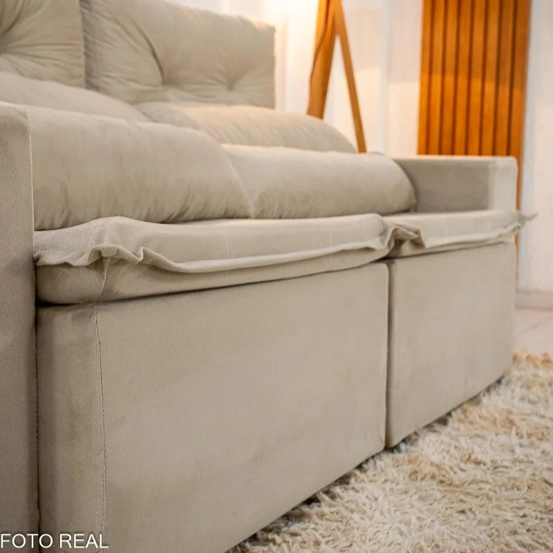Sofá Retrátil Reclinável Bia 1.95m Veludo Bege – D28