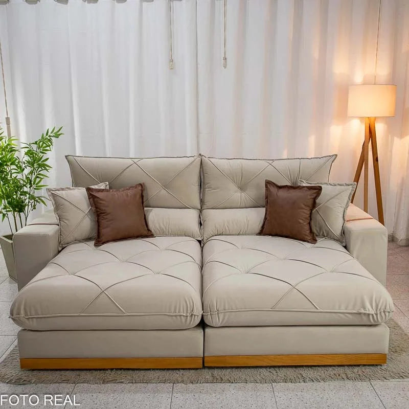 Sofá Retrátil Reclinável Gran Bello 2.90m Veludo Bege 01- Molas Ensacadas