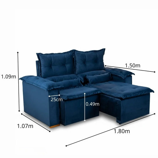 Sofá Retrátil Reclinável Nicole 1.80m Veludo Azul A16