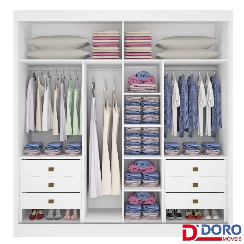 Guarda-roupa Casal Cancun Branco 2 Portas 6 Gavetas Detalhe Ripado 100% MDF Larg. 2.20m – D Doro
