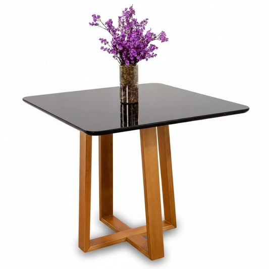 Mesa Pedro 90×90 Vidro Preto/Base Madeira Art Assento – Entregue Montada