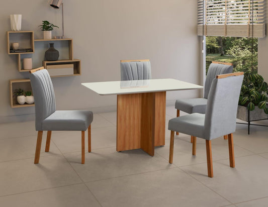 Mesa de Jantar 1,00×0,80 Vidro/Base Madeira + 4 Cadeiras – Entregue Montada