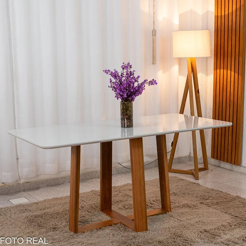 Mesa de Jantar Pedro 160×80 Vidro Off/Base Madeira + 6 Cad. Lisboa Veludo Marrom 509 Madeira Art Assento – Entregue Montada