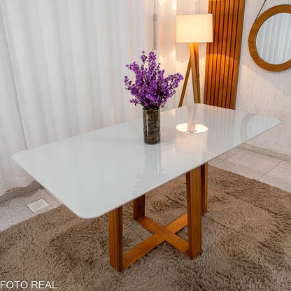 Mesa de Jantar Pedro 160×80 Vidro Off/Base Madeira + 6 Cad. Lisboa Veludo Marrom 509 Madeira Art Assento – Entregue Montada