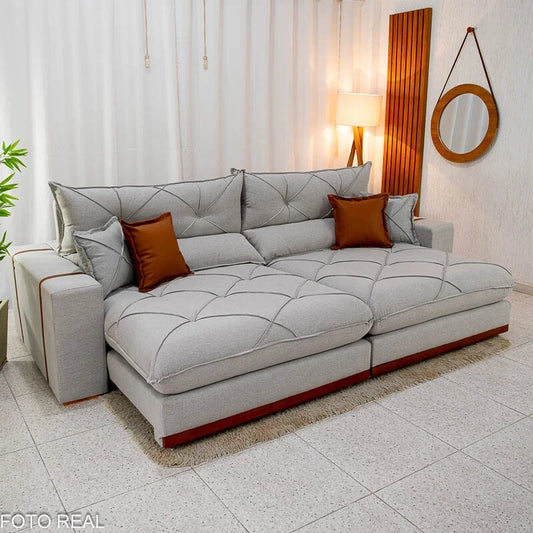 Sofá Retrátil Reclinável Gran Bello 2.90m Linho Cinza 31 – Molas Ensacadas