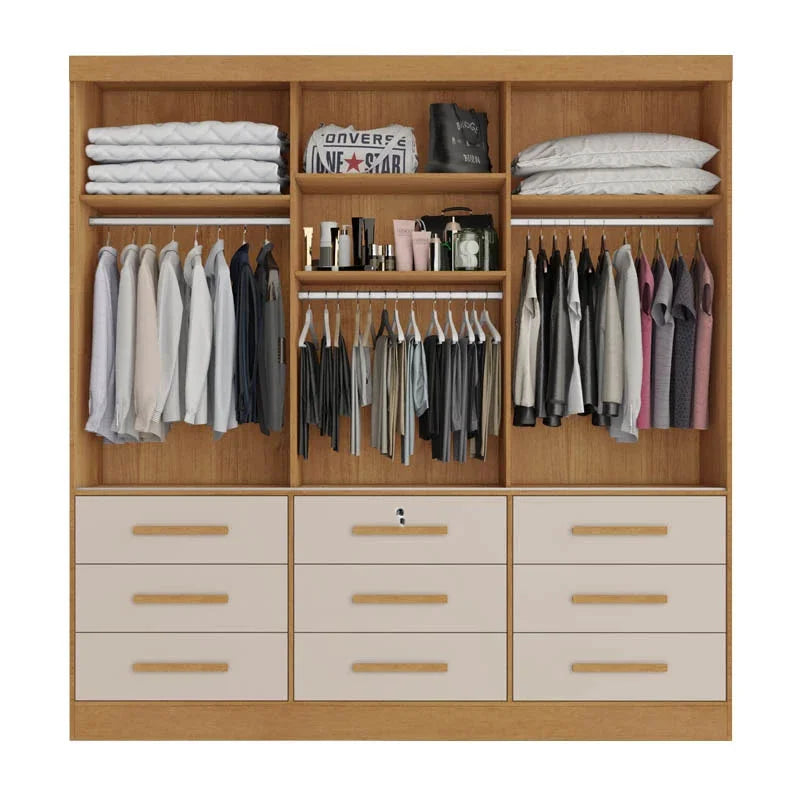 Guarda-roupa Casal Turim Nature/Off 3 Portas 9 Gavetas C/ 1 Espelho 100% MDF Larg. 2.11 – Bianchi