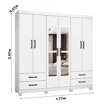 Guarda-roupa Casal Hercules Branco 6 Portas 4 Gavetas C/ Espelho e Pés Larg. 1.77m – Carioca