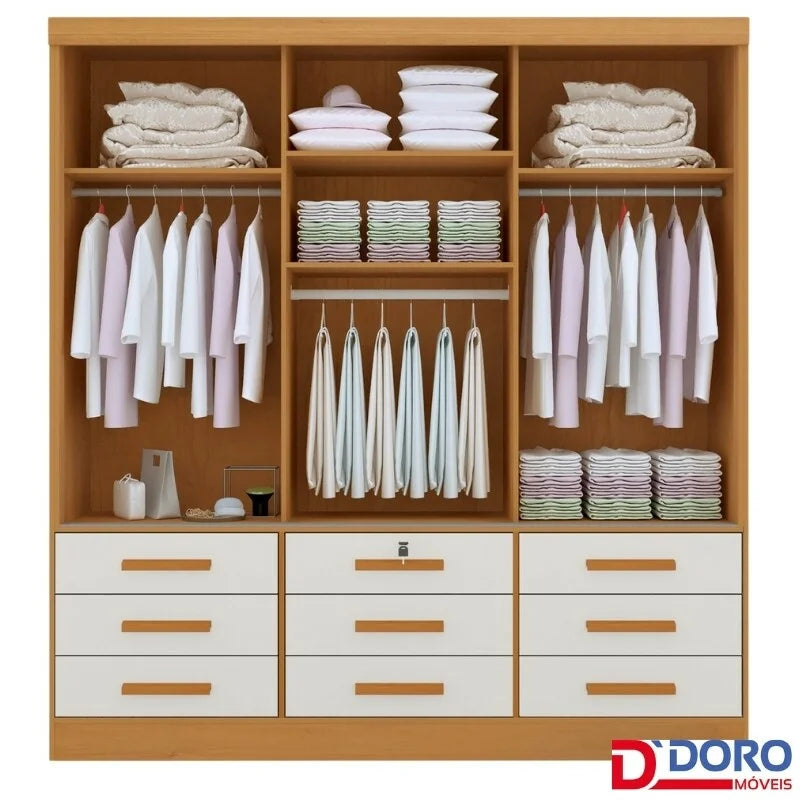 Guarda-roupa Casal Meridian Plus Branco 3 Portas 9 Gavetas C/ 1 Espelho Larg. 2.00m – D Doro