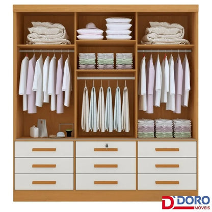 Guarda-roupa Casal Meridian Plus Branco 3 Portas 9 Gavetas C/ 1 Espelho Larg. 2.00m – D Doro