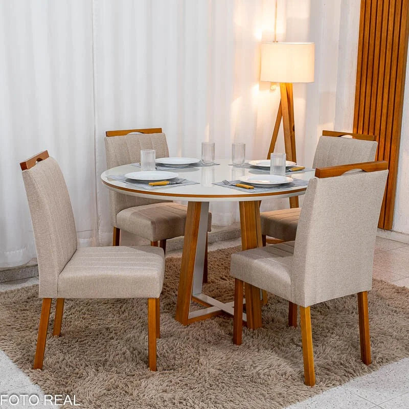 Mesa de Jantar Atlanta Redonda 120cm Vidro Off/Base Madeira – Minas Plac + 4 Cad. Isabela Linho Bege 01 Madeira KM Decor – Entregue Montada