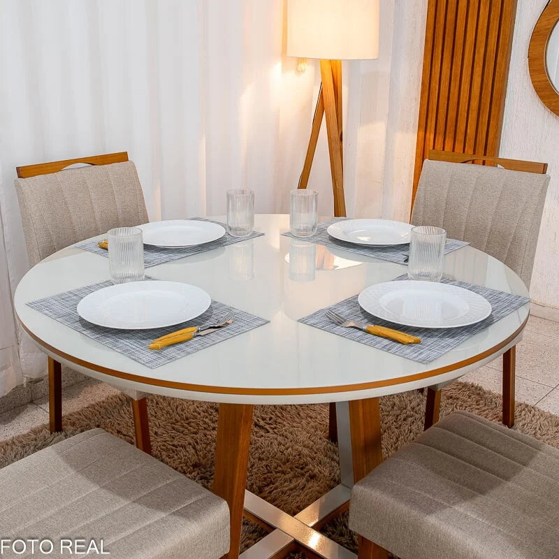 Mesa de Jantar Atlanta Redonda 120cm Vidro Off/Base Madeira – Minas Plac + 4 Cad. Isabela Linho Bege 01 Madeira KM Decor – Entregue Montada