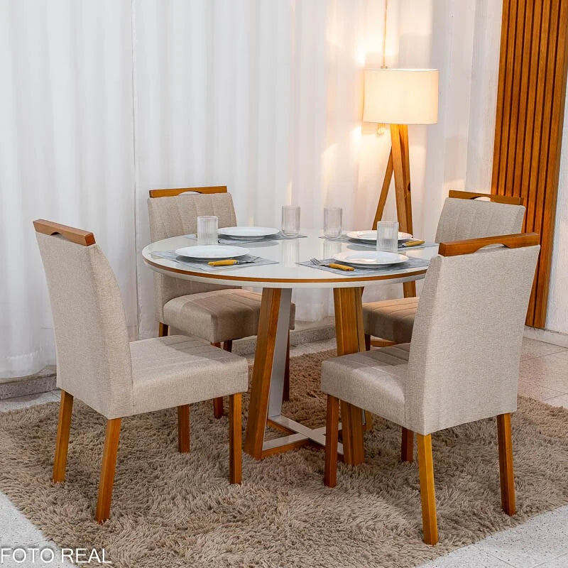 Mesa de Jantar Atlanta Redonda 120cm Vidro Off/Base Madeira – Minas Plac + 4 Cad. Isabela Linho Bege 01 Madeira KM Decor – Entregue Montada