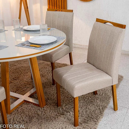 Mesa de Jantar Atlanta Redonda 120cm Vidro Off/Base Madeira – Minas Plac + 4 Cad. Isabela Linho Bege 01 Madeira KM Decor – Entregue Montada