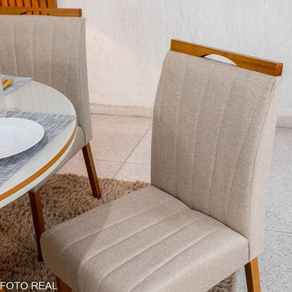 Mesa de Jantar Atlanta Redonda 120cm Vidro Off/Base Madeira – Minas Plac + 4 Cad. Isabela Linho Bege 01 Madeira KM Decor – Entregue Montada