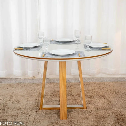 Mesa de Jantar Atlanta Redonda 120cm Vidro Off/Base Madeira – Minas Plac + 4 Cad. Isabela Linho Bege 01 Madeira KM Decor – Entregue Montada