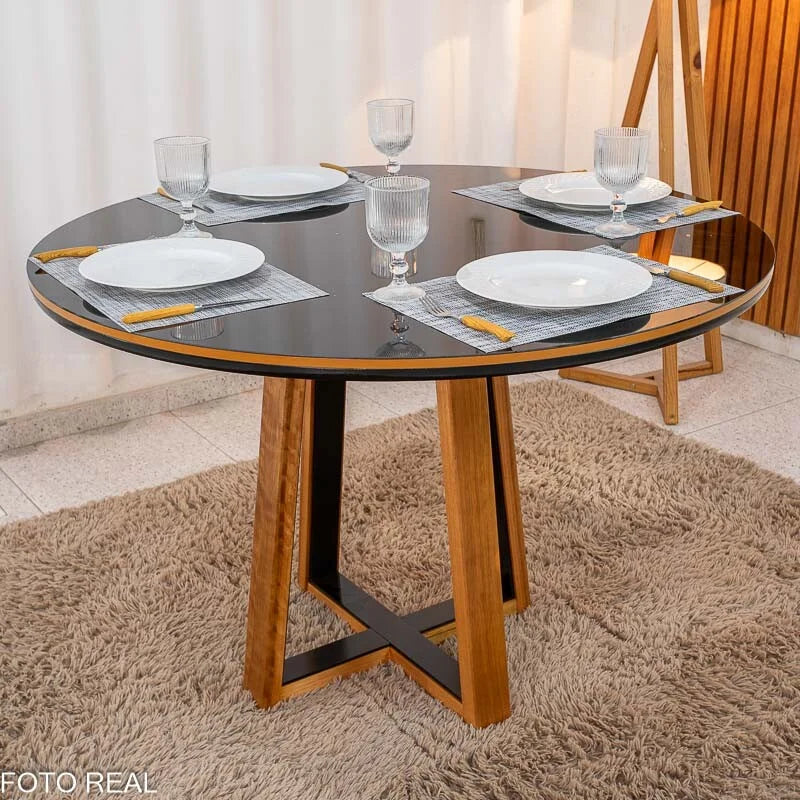 Mesa de Jantar Atlanta Redonda 120cm Vidro Preto/Base Madeira – Minas Plac