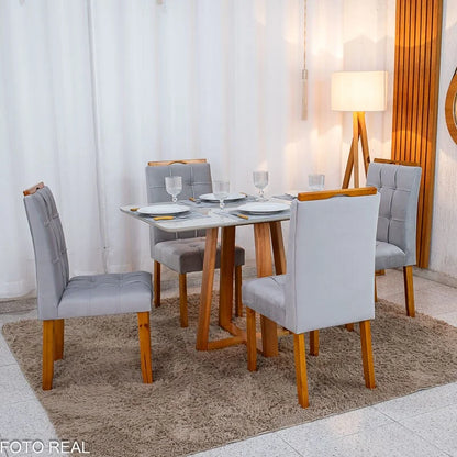 Mesa de Jantar Bali 120×80 Vidro Off/Base Madeira + 4 Cad. Londres Veludo Prata Madeira Minas Plac – Entregue Montada