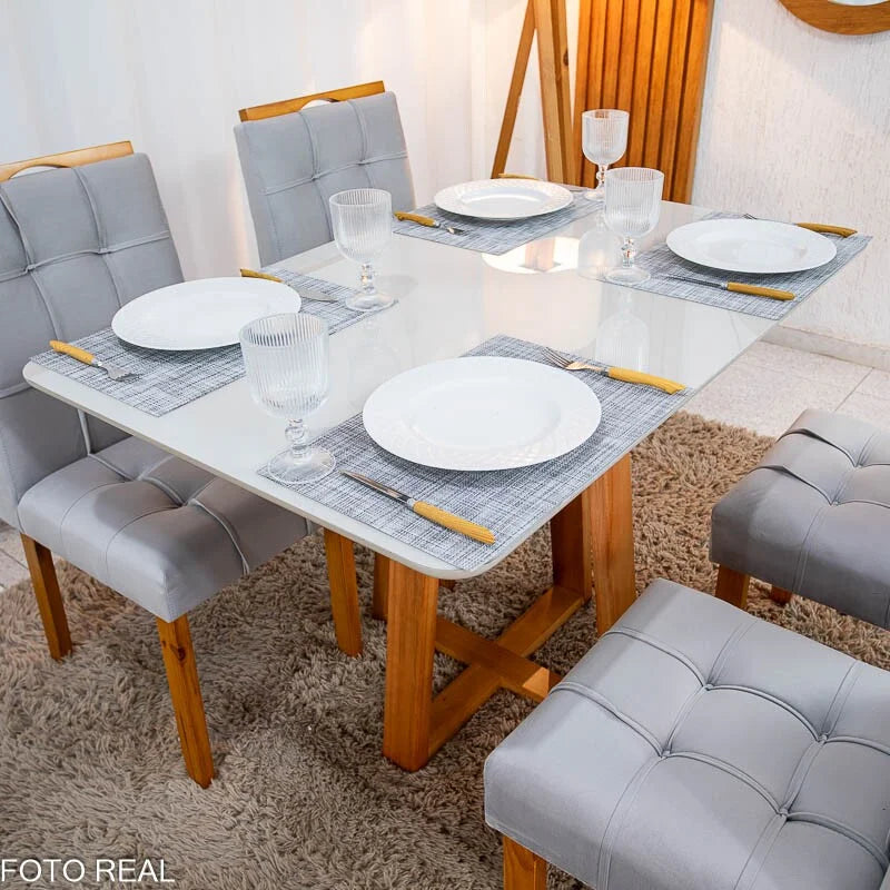 Mesa de Jantar Bali 120×80 Vidro Off/Base Madeira + 4 Cad. Londres Veludo Prata Madeira Minas Plac – Entregue Montada