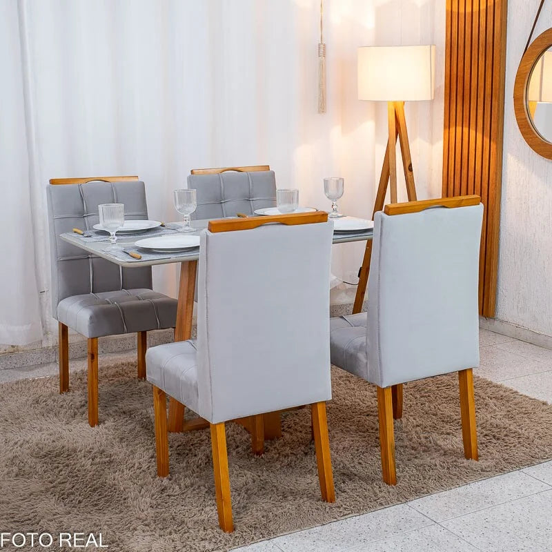 Mesa de Jantar Bali 120×80 Vidro Off/Base Madeira + 4 Cad. Londres Veludo Prata Madeira Minas Plac – Entregue Montada