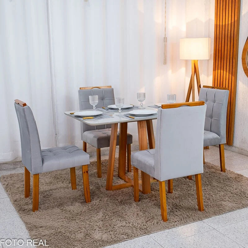 Mesa de Jantar Bali 120×80 Vidro Off/Base Madeira + 4 Cad. Londres Veludo Prata Madeira Minas Plac – Entregue Montada