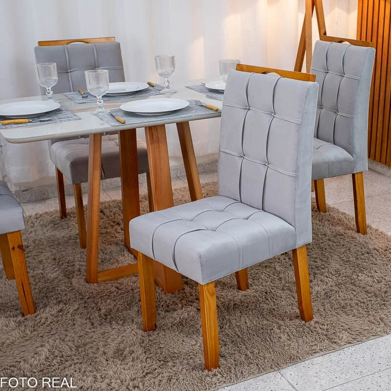 Mesa de Jantar Bali 120×80 Vidro Off/Base Madeira + 4 Cad. Londres Veludo Prata Madeira Minas Plac – Entregue Montada