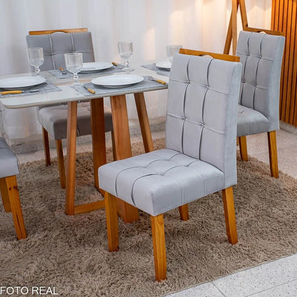 Mesa de Jantar Bali 120×80 Vidro Off/Base Madeira + 4 Cad. Londres Veludo Prata Madeira Minas Plac – Entregue Montada