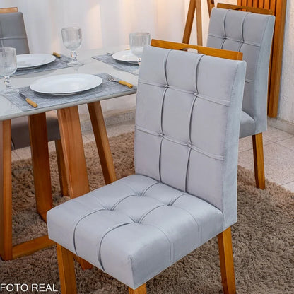 Mesa de Jantar Bali 120×80 Vidro Off/Base Madeira + 4 Cad. Londres Veludo Prata Madeira Minas Plac – Entregue Montada