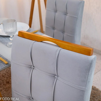 Mesa de Jantar Bali 120×80 Vidro Off/Base Madeira + 4 Cad. Londres Veludo Prata Madeira Minas Plac – Entregue Montada