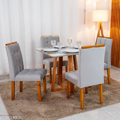 Mesa de Jantar Bali 90×90 Vidro Off/Base Madeira + 4 Cad. Londres Veludo Prata Madeira Minas Plac – Entregue Montada