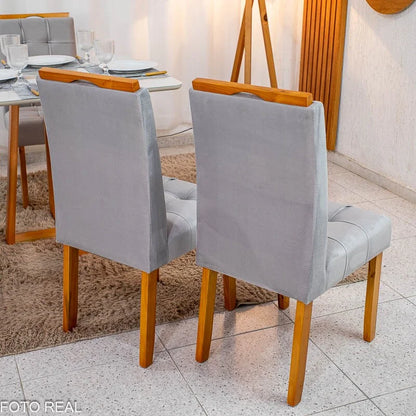 Mesa de Jantar Bali 90×90 Vidro Off/Base Madeira + 4 Cad. Londres Veludo Prata Madeira Minas Plac – Entregue Montada