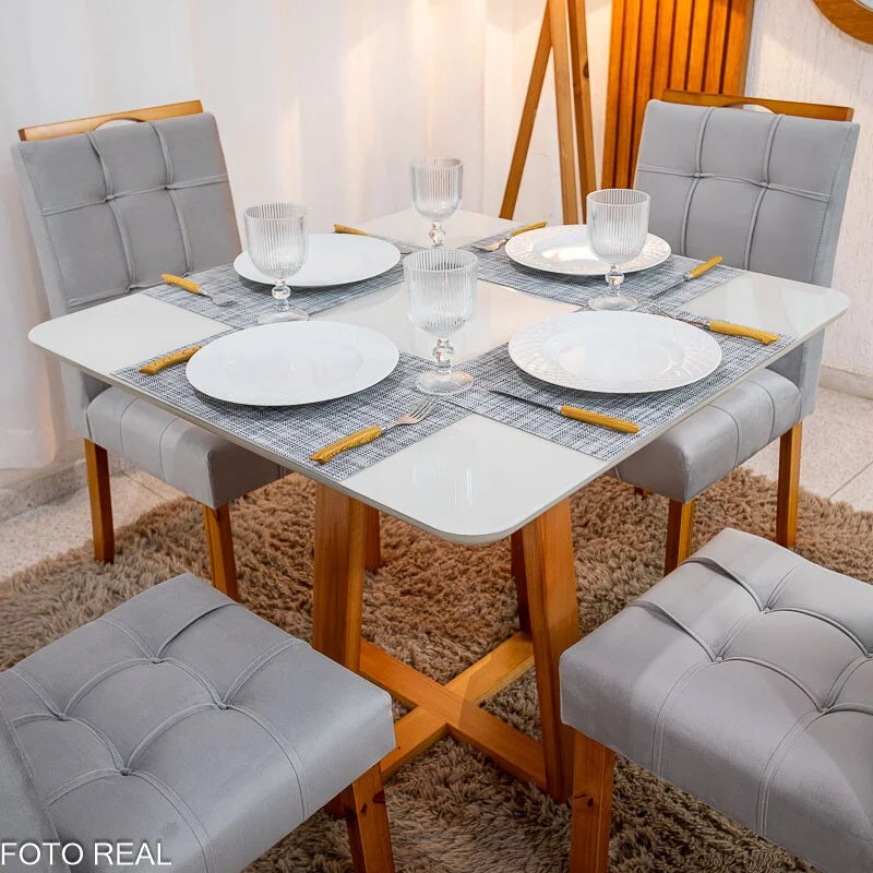 Mesa de Jantar Bali 90×90 Vidro Off/Base Madeira + 4 Cad. Londres Veludo Prata Madeira Minas Plac – Entregue Montada