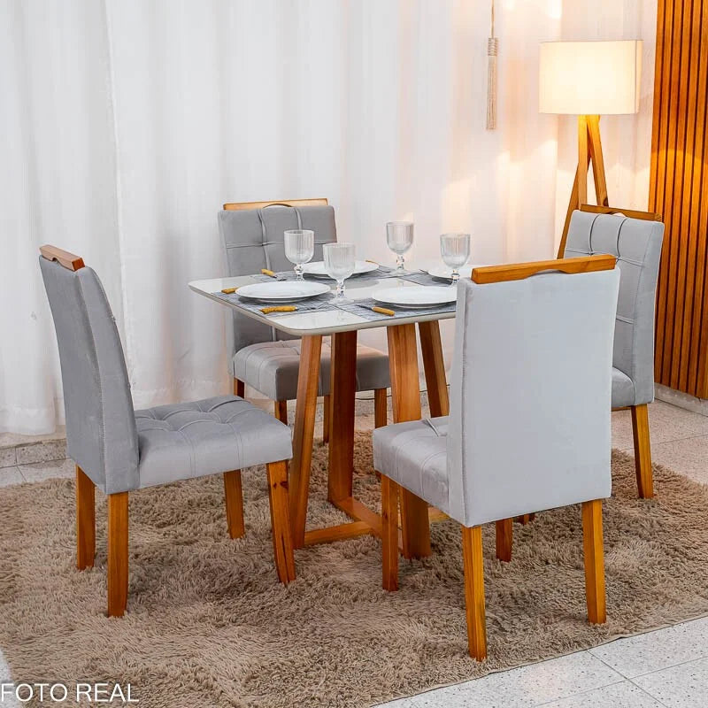 Mesa de Jantar Bali 90×90 Vidro Off/Base Madeira + 4 Cad. Londres Veludo Prata Madeira Minas Plac – Entregue Montada