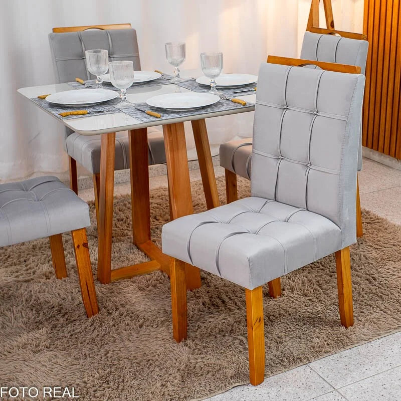 Mesa de Jantar Bali 90×90 Vidro Off/Base Madeira + 4 Cad. Londres Veludo Prata Madeira Minas Plac – Entregue Montada